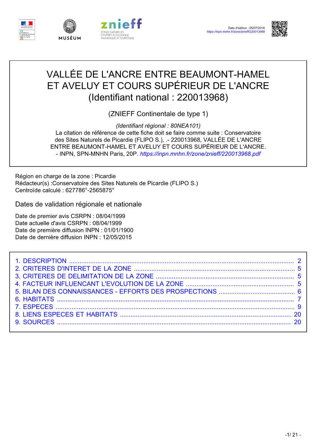 VALLÉE DE L'ancre ENTRE BEAUMONT-HAMEL ET AVELUY ET COURS SUPÉRIEUR DE L'ancre (Identifiant National : 220013968)