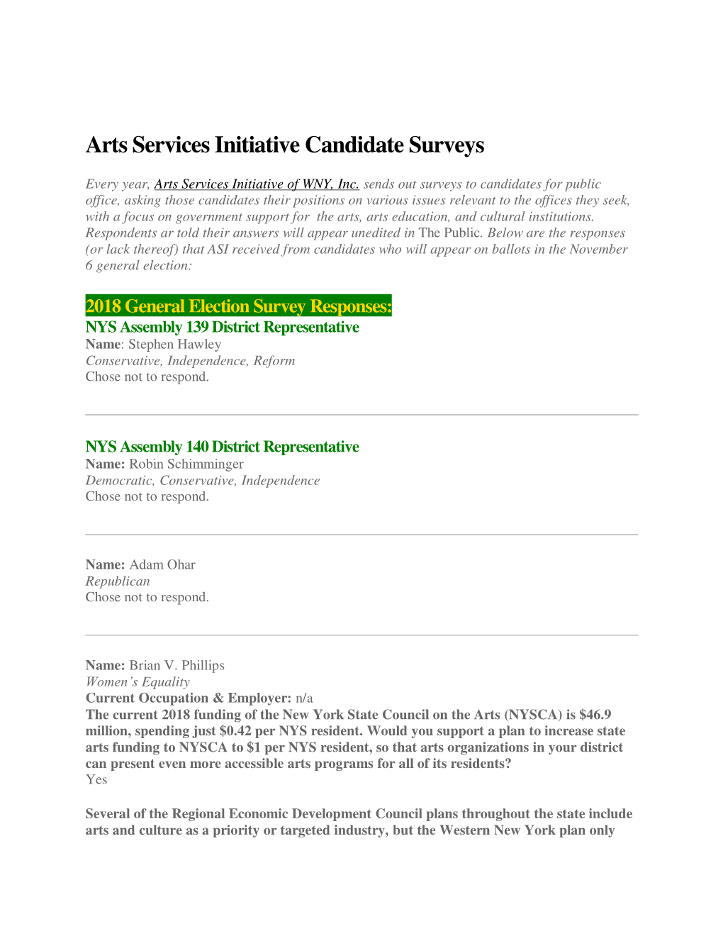 Arts Services Initiative Candidate Surveys