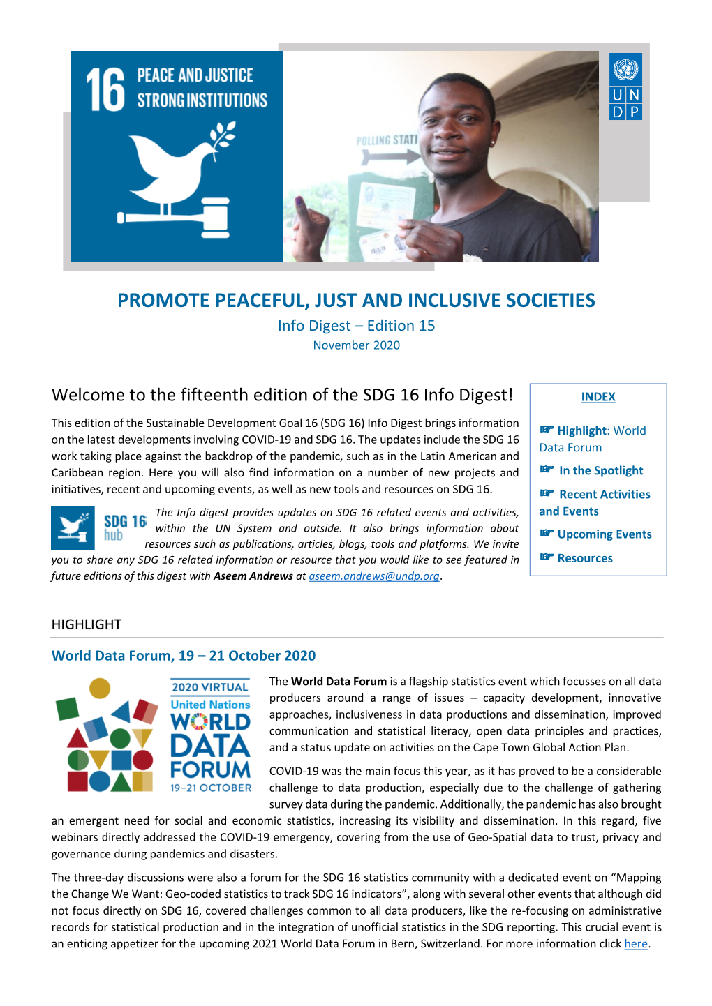 PROMOTE PEACEFUL, JUST and INCLUSIVE SOCIETIES Info Digest – Edition 15 November 2020