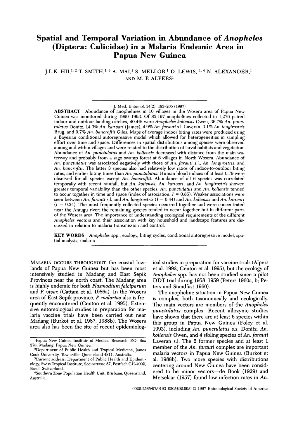 &lt;I&gt;Anopheles&lt;/I&gt; (Diptera: Culicidae) in a Malaria Endemic