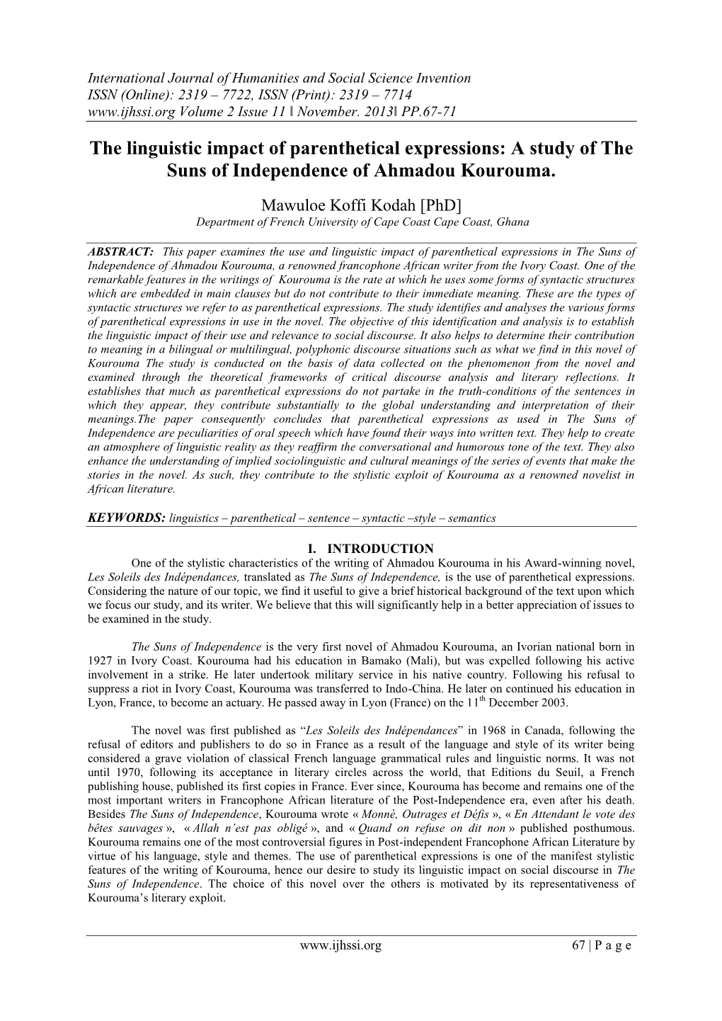 The Linguistic Impact of Parenthetical Expressions: a Study of the Suns of Independence of Ahmadou Kourouma