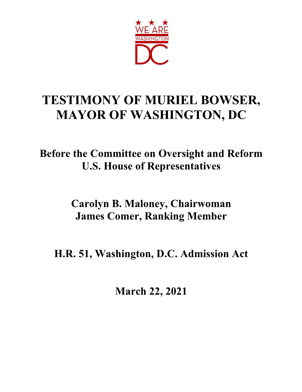 Testimony of Muriel Bowser, Mayor of Washington, Dc