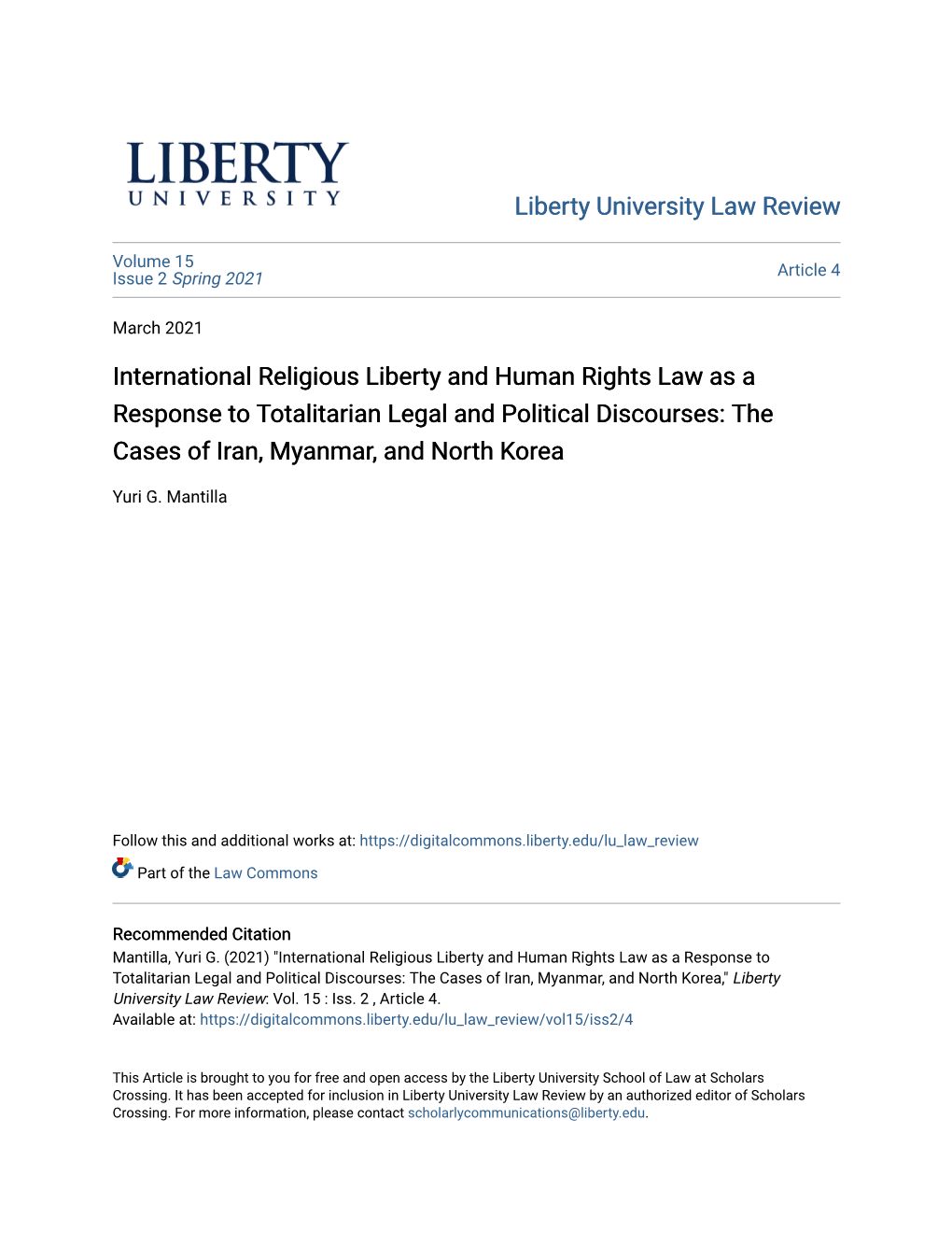 International Religious Liberty and Human Rights Law As a Response to Totalitarian Legal and Political Discourses: the Cases of Iran, Myanmar, and North Korea