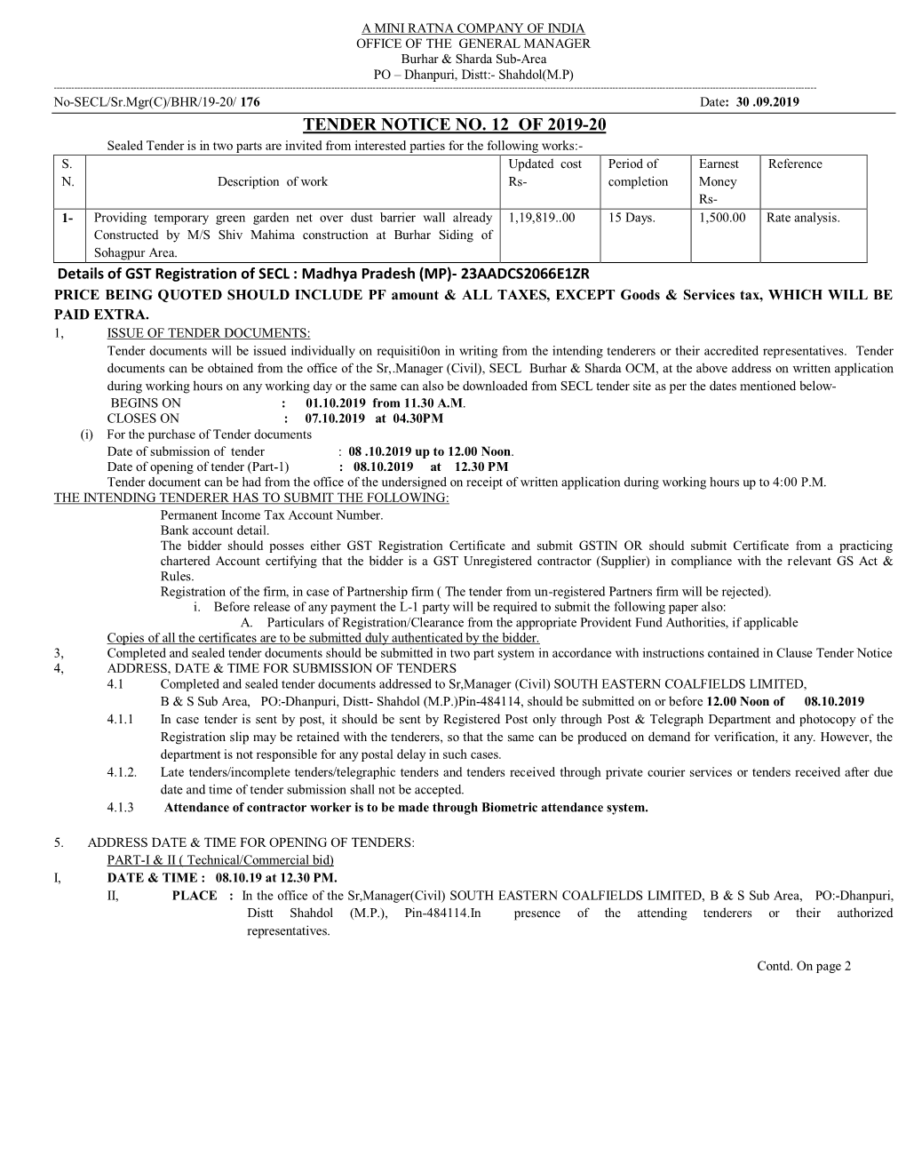 TENDER NOTICE NO. 12 of 2019-20 Sealed Tender Is in Two Parts Are Invited from Interested Parties for the Following Works:- S