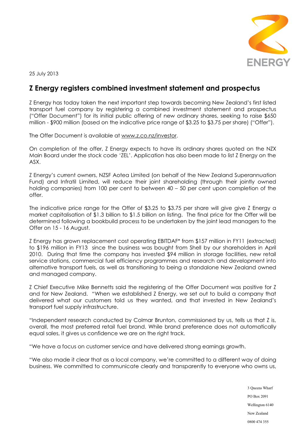 Z Energy Registers Combined Investment Statement and Prospectus