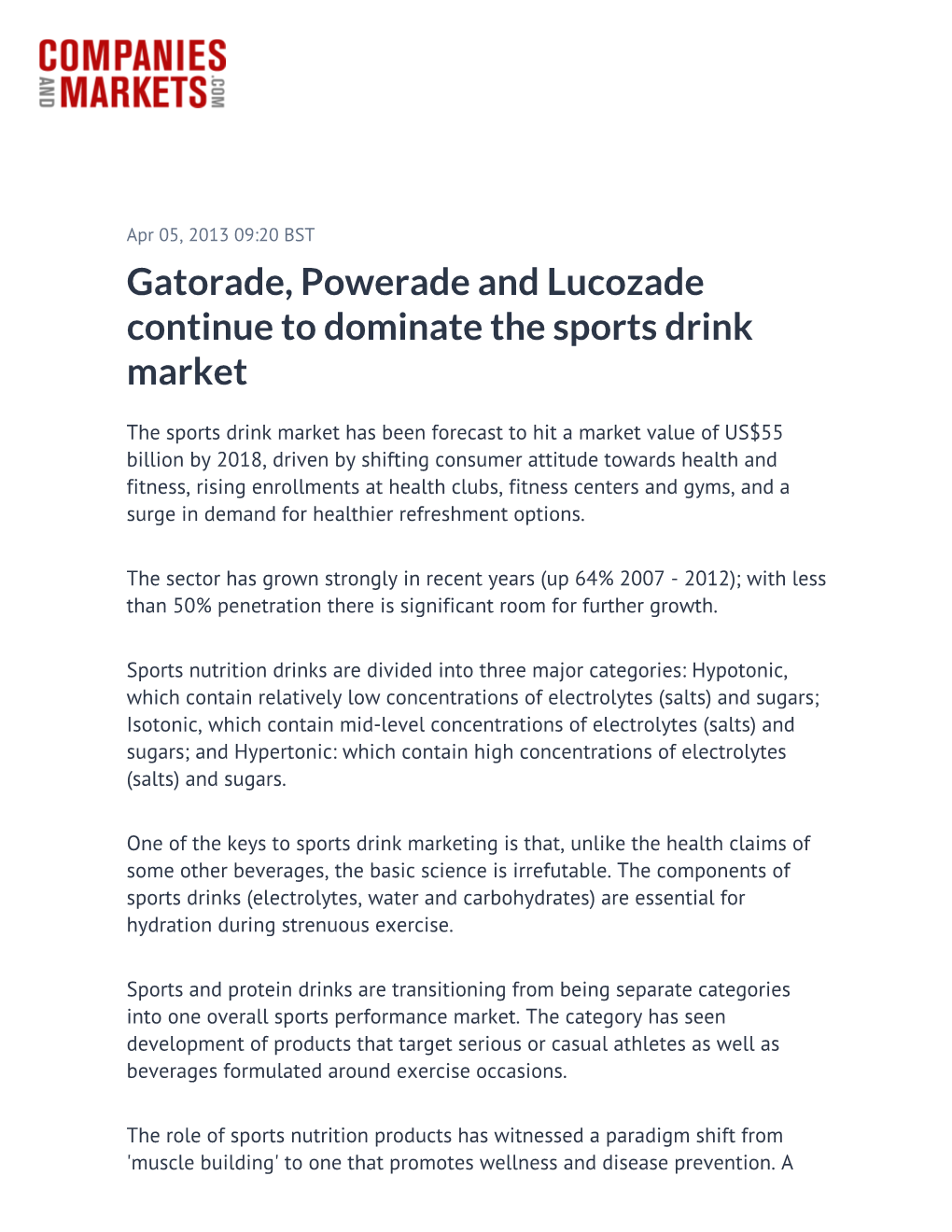 Gatorade, Powerade and Lucozade Continue to Dominate the Sports Drink Market