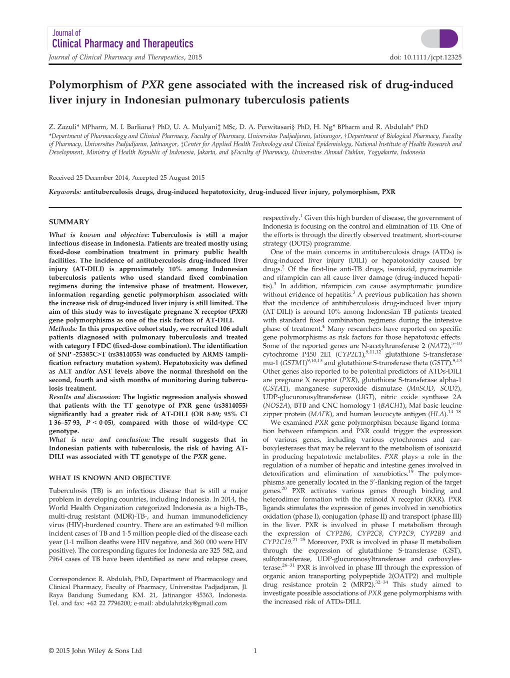 Polymorphism of PXR Gene Associated with the Increased Risk of Drug-Induced Liver Injury in Indonesian Pulmonary Tuberculosis Patients