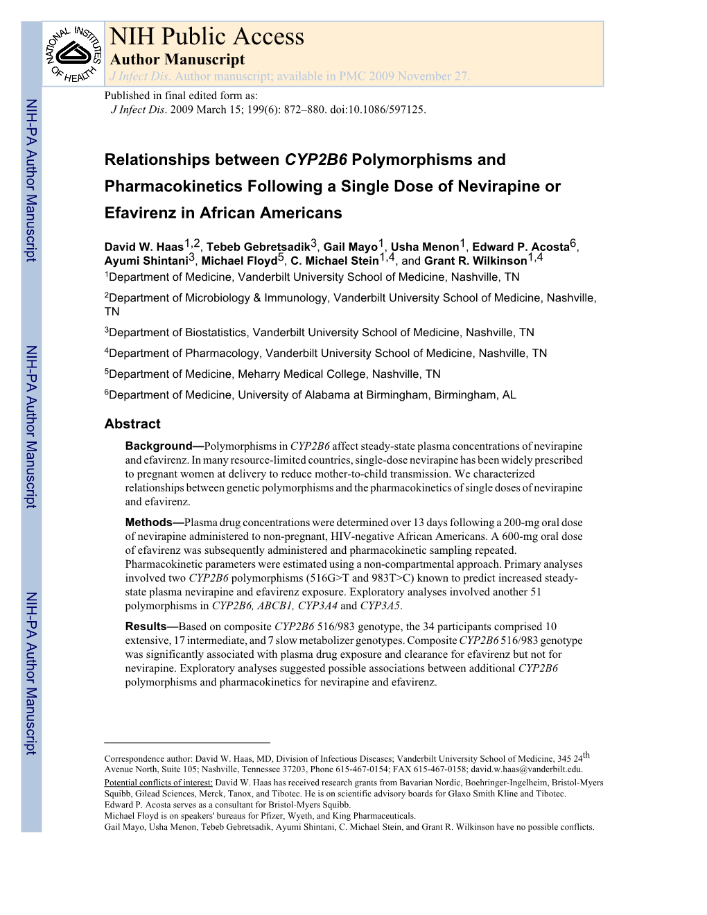 Relationships Between CYP2B6 Polymorphisms and Pharmacokinetics Following Single Dosis of Nevirapine Or Efavirenz in African Americans.Pdf
