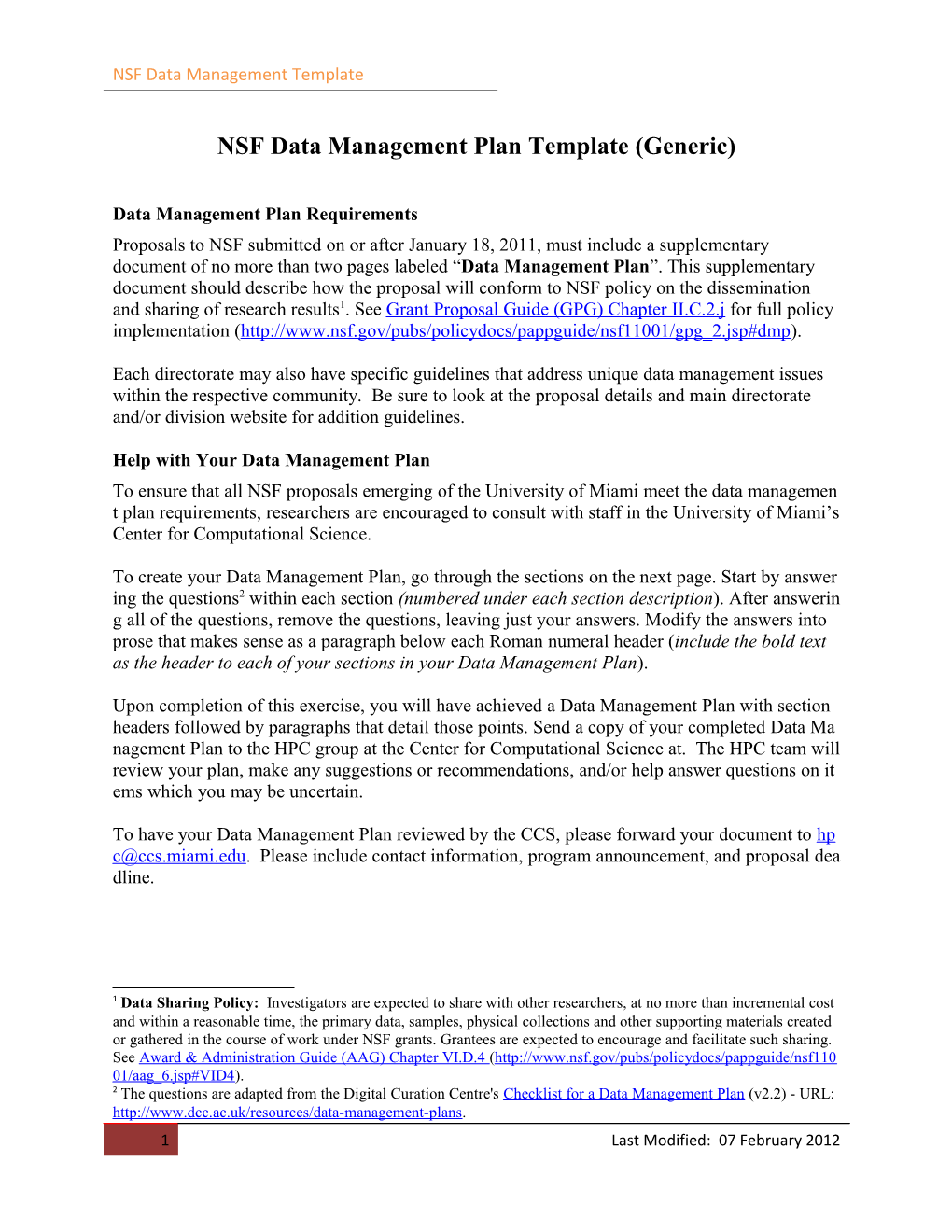 NSF Data Management Plan Instructions - Template - Generic