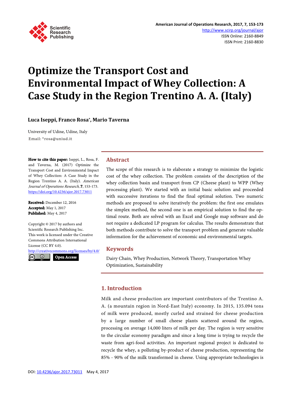 Optimize the Transport Cost and Environmental Impact of Whey Collection: a Case Study in the Region Trentino A