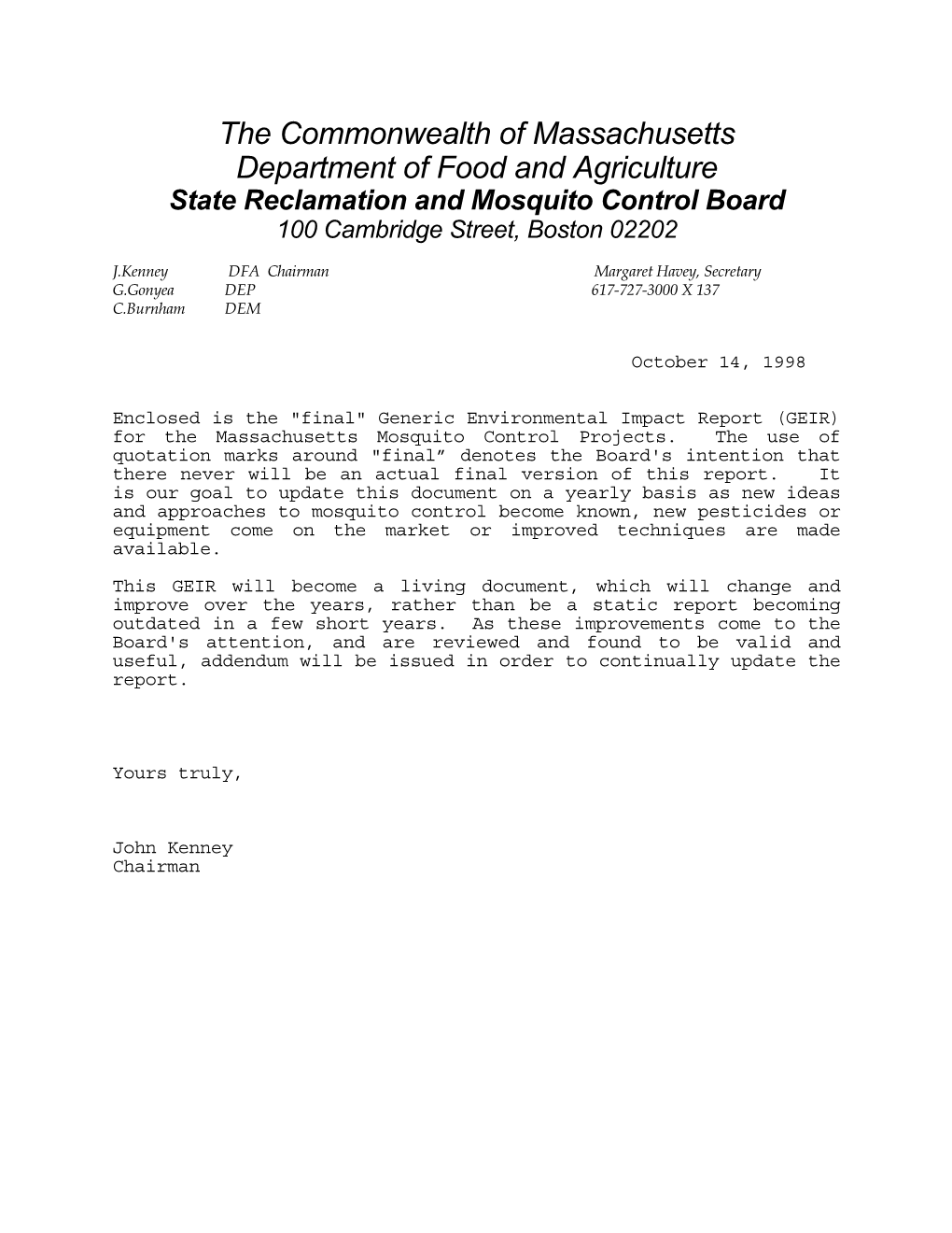The Commonwealth of Massachusetts Department of Food and Agriculture State Reclamation and Mosquito Control Board 100 Cambridge Street, Boston 02202