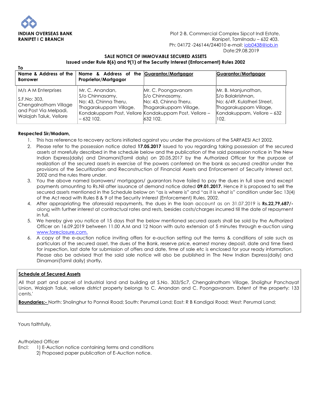 RANIPET IC BRANCH PLOT 2-B COMMERCIAL COMPLEX, SIPCOT INDUS ESTATE Ranipet, Tamilnadu – 632 403 Tel: 04172-244010; E-Mail: Iob0438@Iob.In