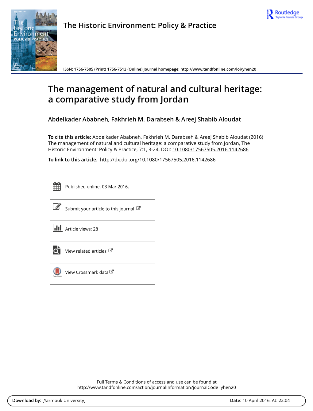 The Management of Natural and Cultural Heritage: a Comparative Study from Jordan