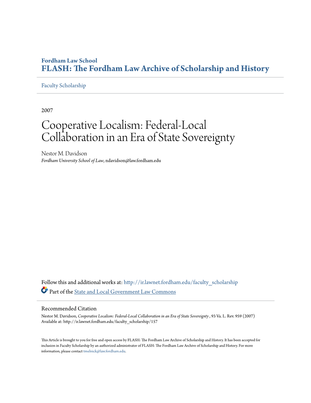 Federal-Local Collaboration in an Era of State Sovereignty Nestor M