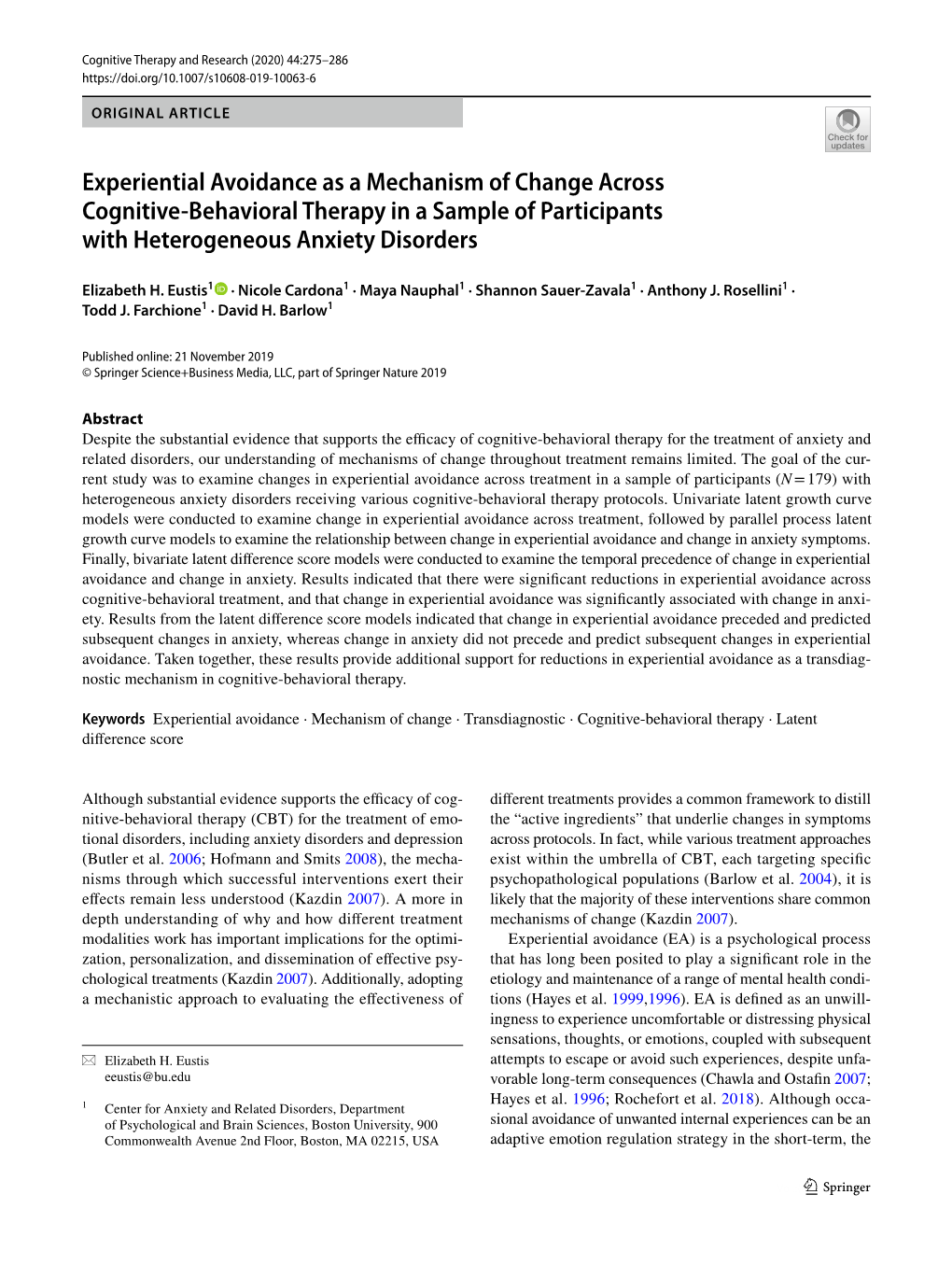 Experiential Avoidance As a Mechanism of Change Across Cognitive‑Behavioral Therapy in a Sample of Participants with Heterogeneous Anxiety Disorders