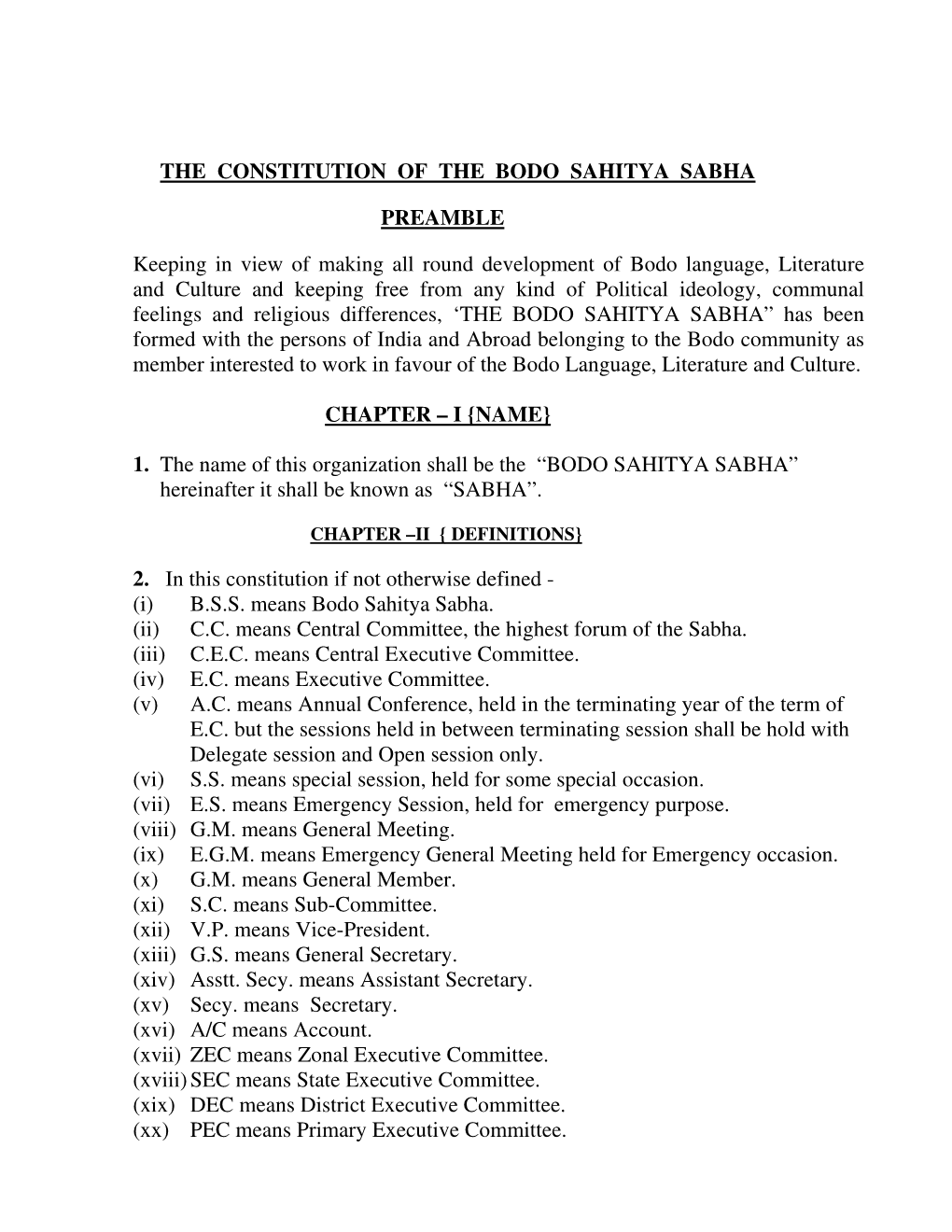 The Constitution of the Bodo Sahitya Sabha