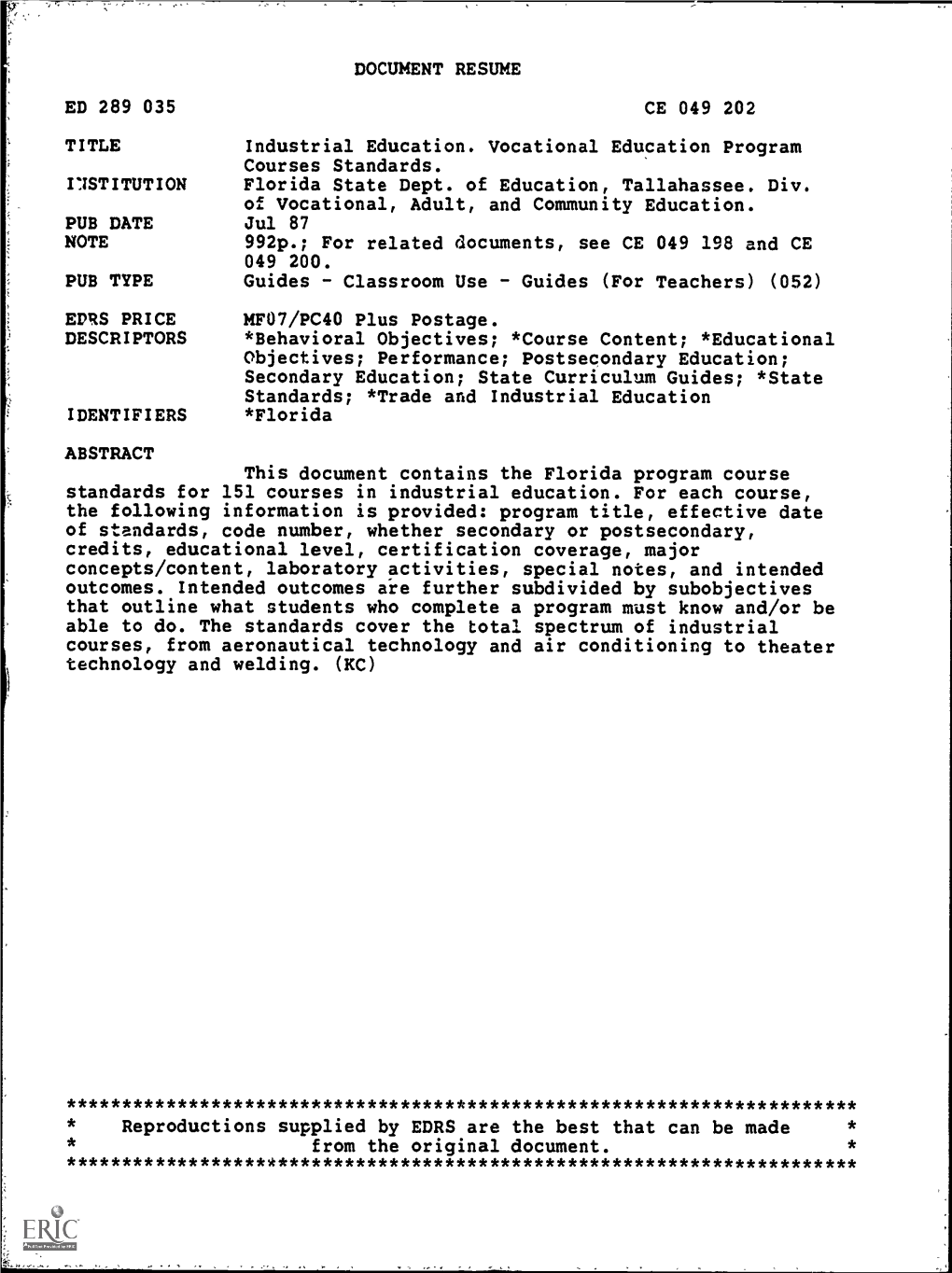 DOCUMENT RESUME ED 289 035 CE 049 202 TITLE Industrial