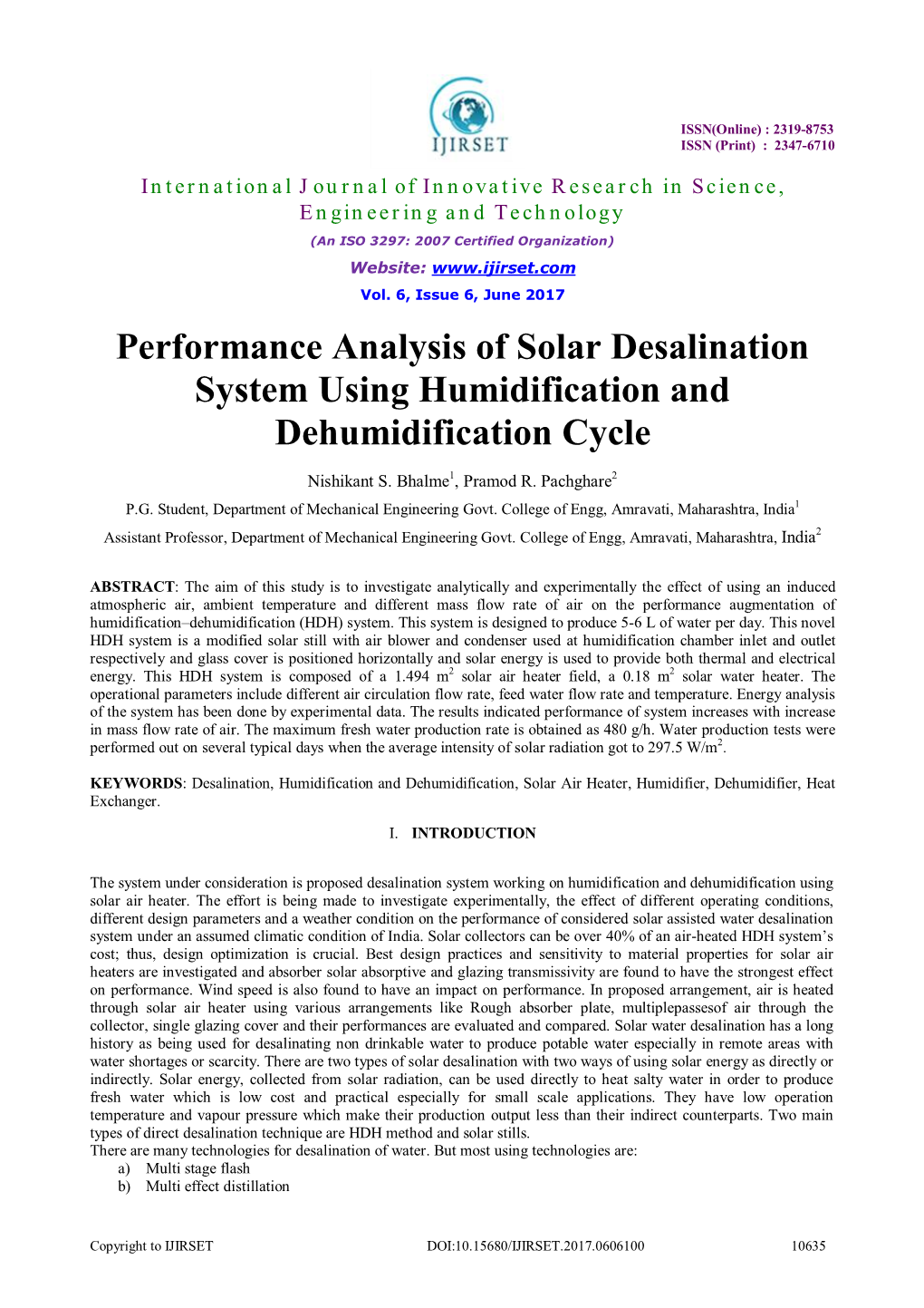 Performance Analysis of Solar Desalination System Using Humidification and Dehumidification Cycle