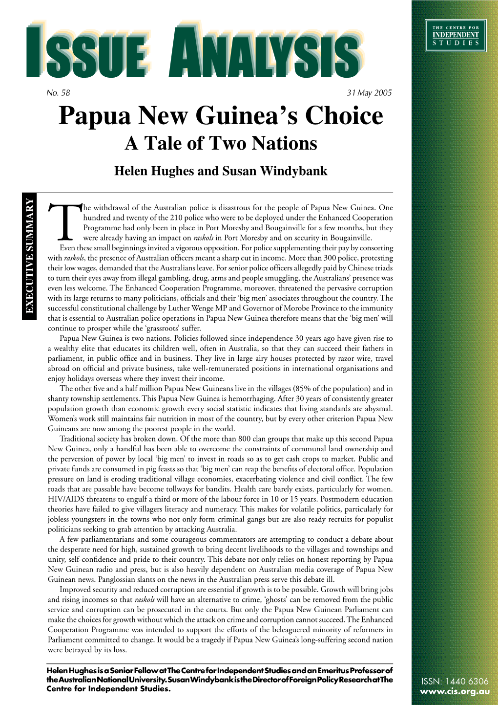 Papua New Guinea's Choice a Tale of Two Nations Helen Hughes and Susan Windybank