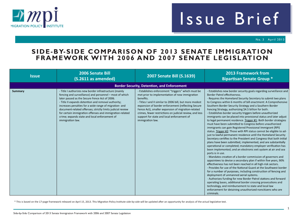 Side-By-Side Comparison of 2013 Senate Immigration Framework with 2006 and 2007 Senate Legislation