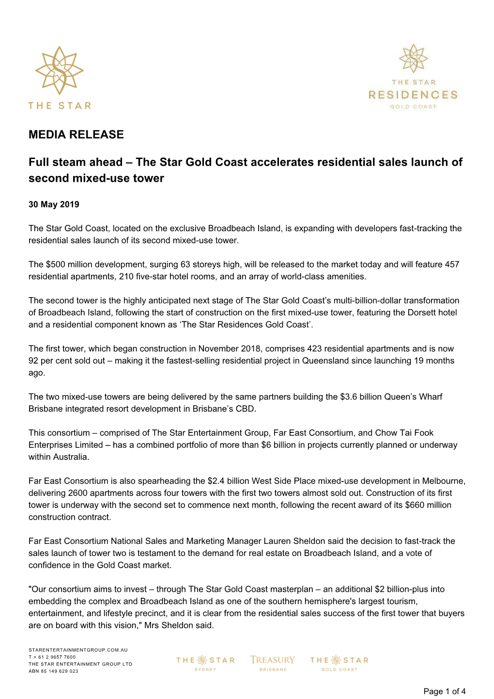 The Star Gold Coast Accelerates Residential Sales Launch of Second Mixed-Use Tower