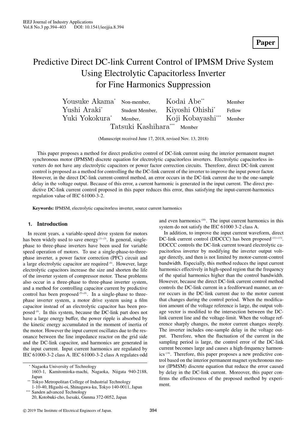 Predictive Direct DC-Link Current Control of IPMSM Drive System Using Electrolytic Capacitorless Inverter for Fine Harmonics Suppression