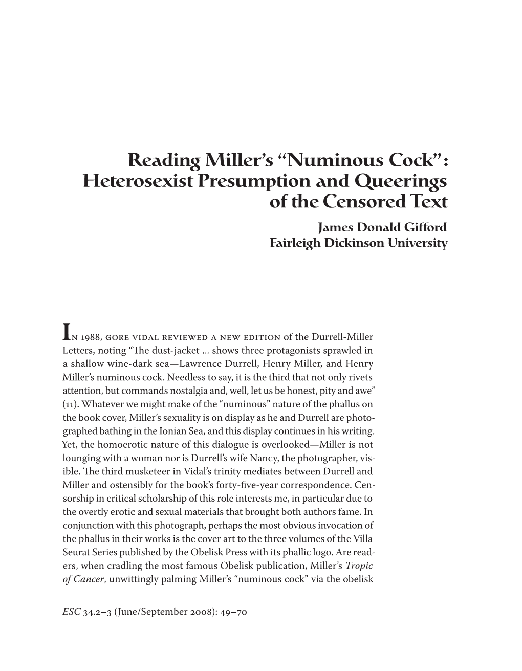 Reading Miller's “Numinous Cock”: Heterosexist