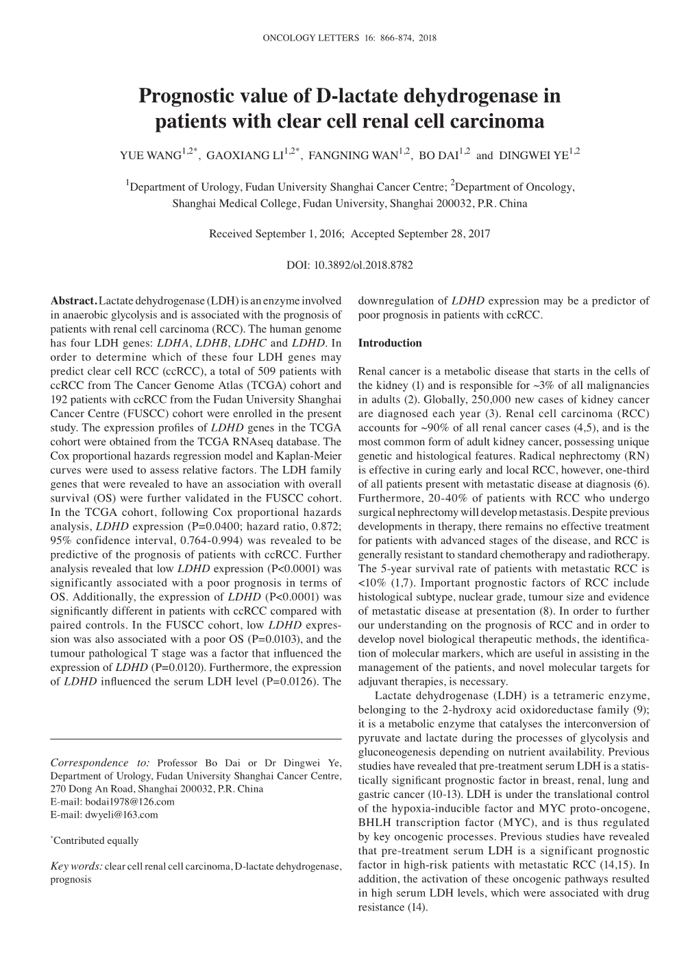 Prognostic Value of D‑Lactate Dehydrogenase in Patients with Clear Cell Renal Cell Carcinoma