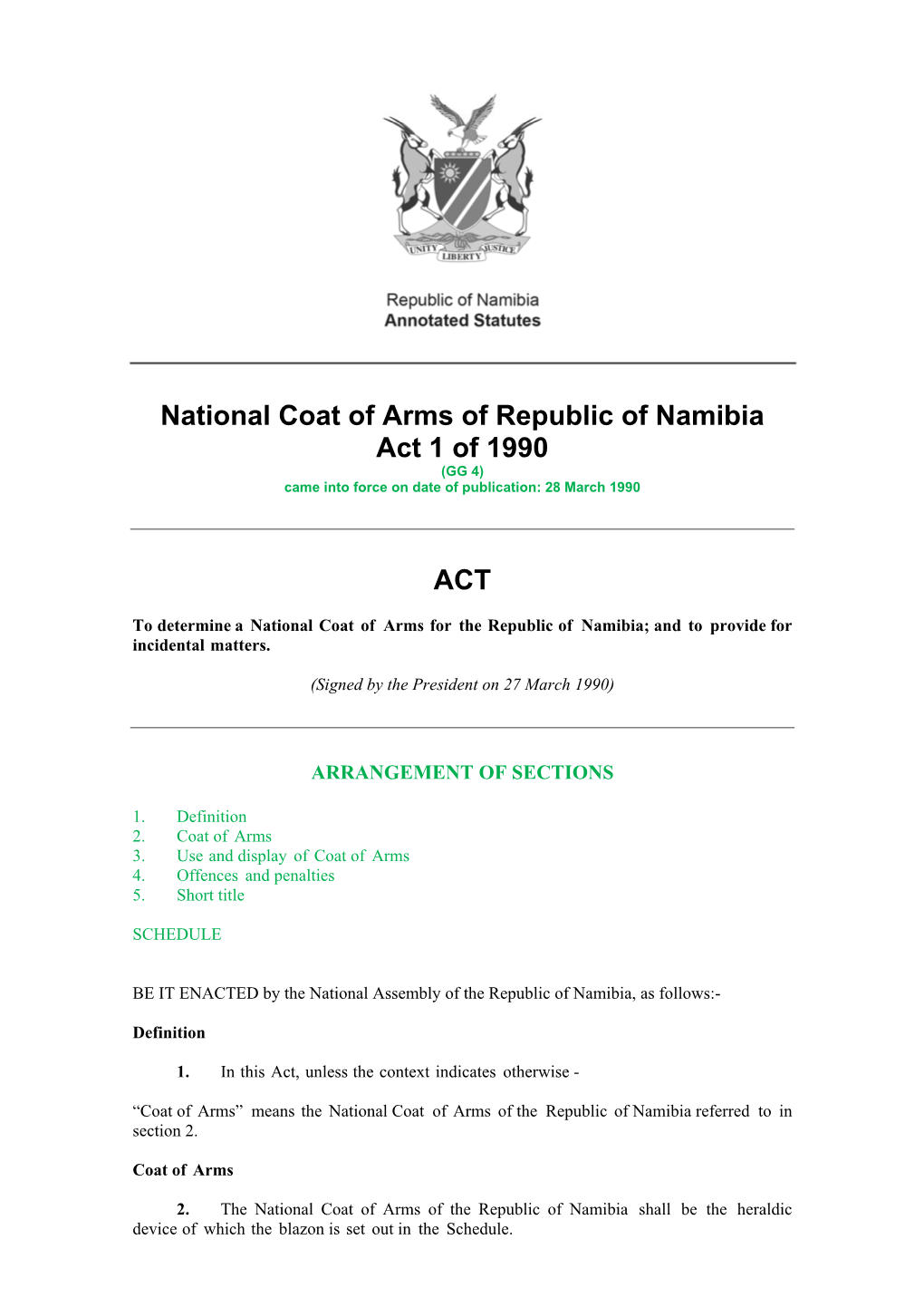 National Coat of Arms of the Republic of Namibia Act 1 of 1990