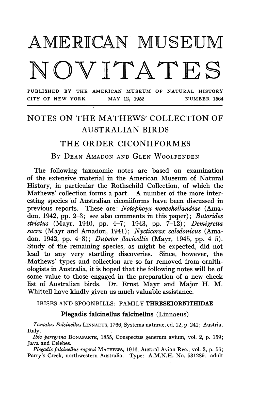 Novitate S PUBLISHED by the AMERICAN MUSEUM of NATURAL HISTORY CITY of NEW YORK MAY 12, 1952 NUMBER 1564