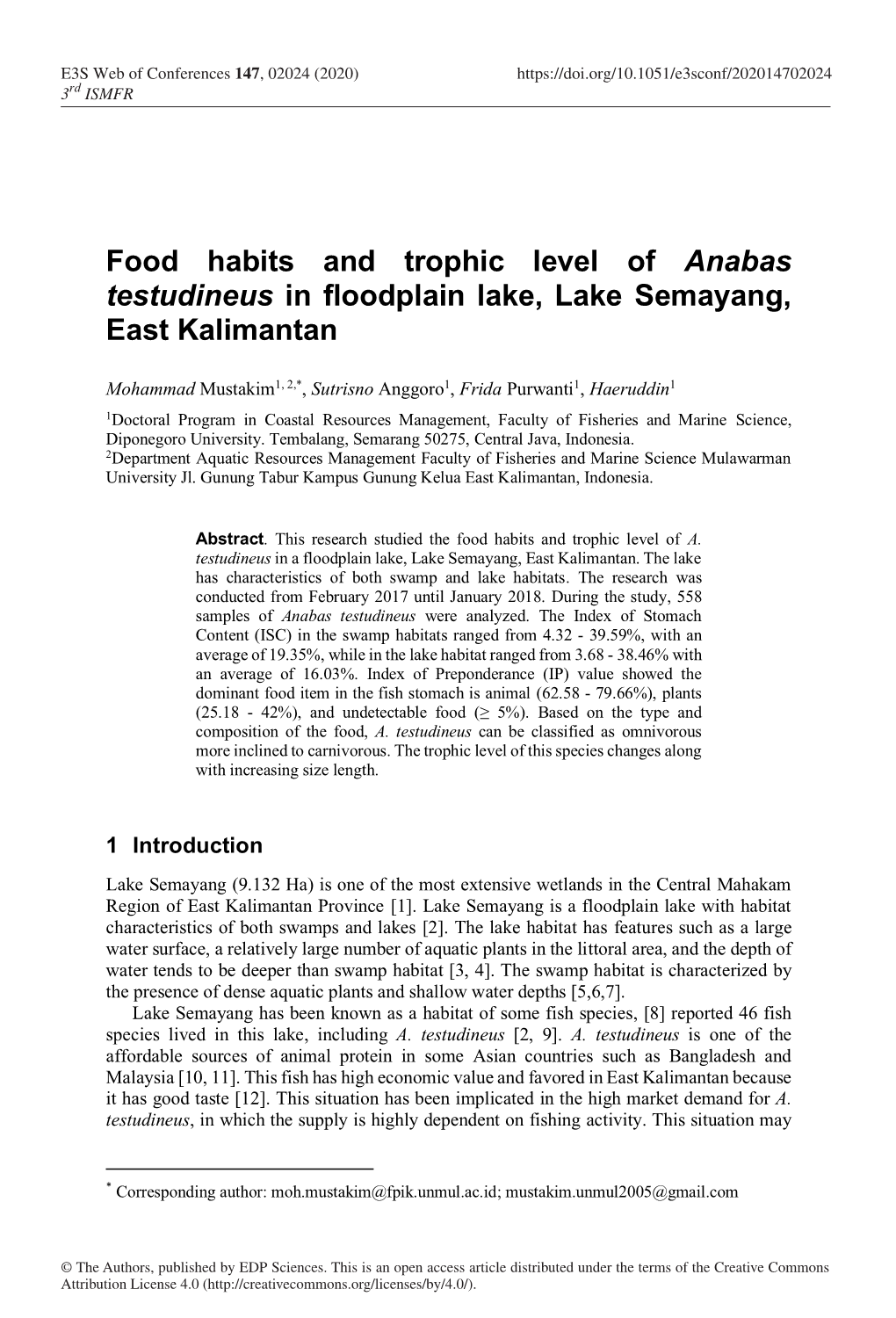 Food Habits and Trophic Level of Anabas Testudineus in Floodplain Lake, Lake Semayang, East Kalimantan