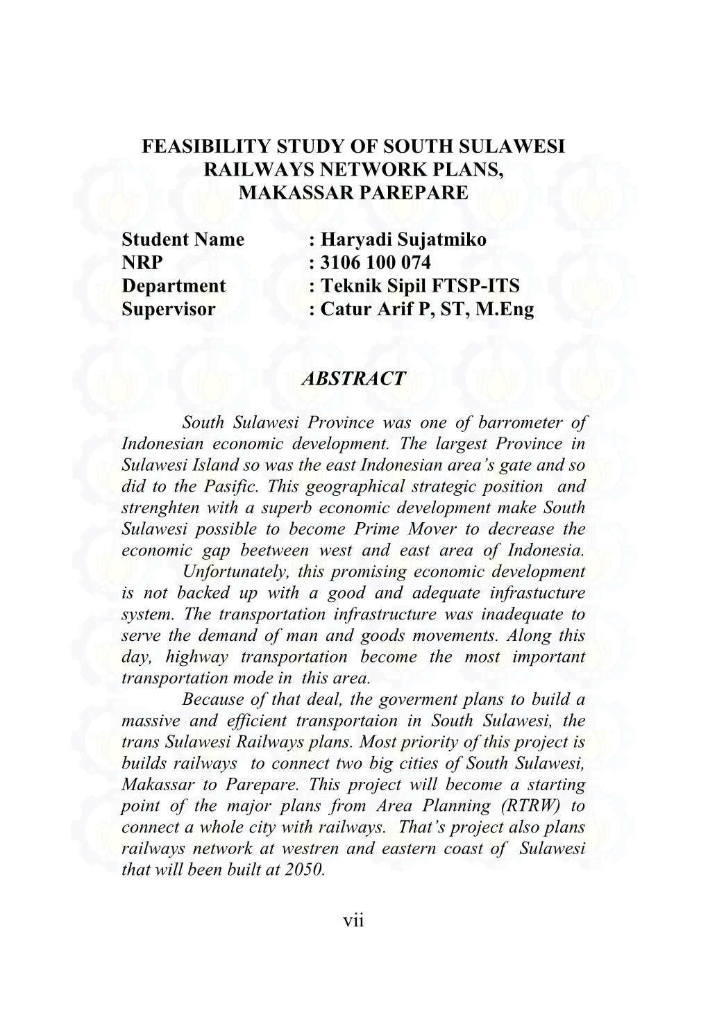 Vii FEASIBILITY STUDY of SOUTH SULAWESI RAILWAYS NETWORK