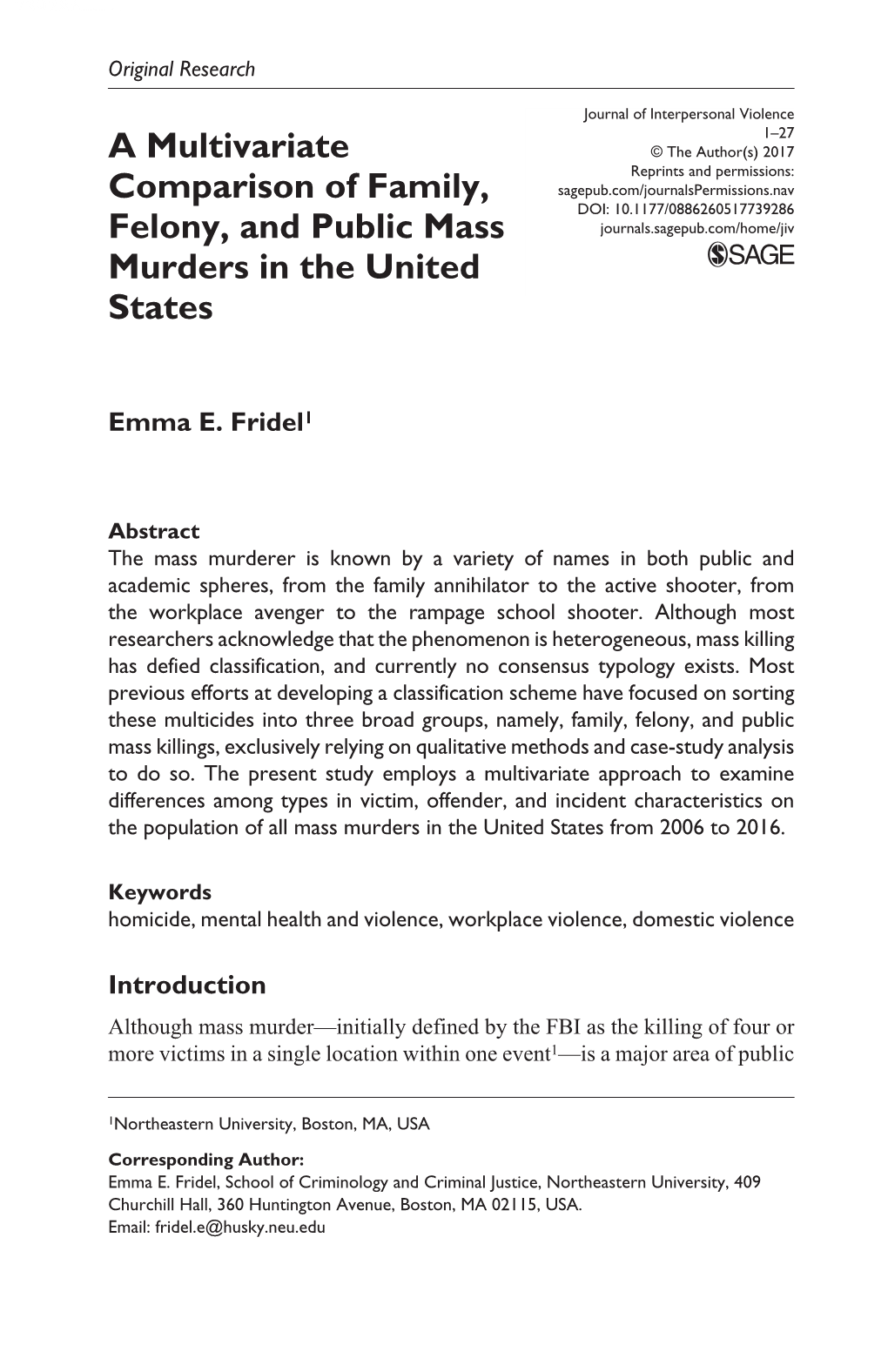 A Multivariate Comparison of Family, Felony, and Public Mass Murders In