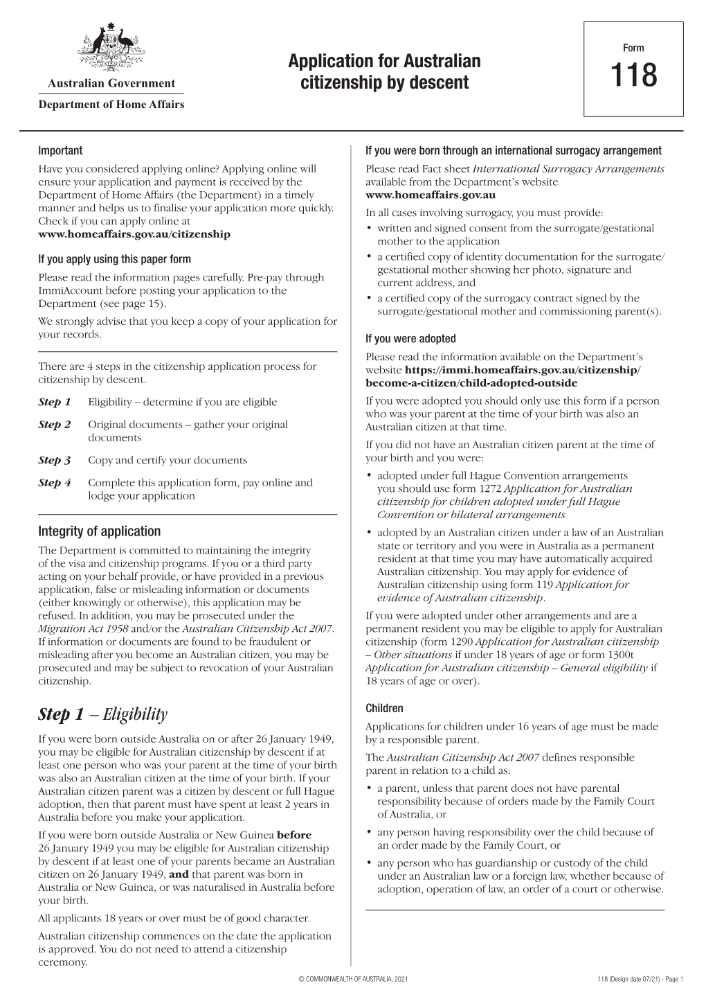 Form 118 Application for Australian Citizenship by Descent