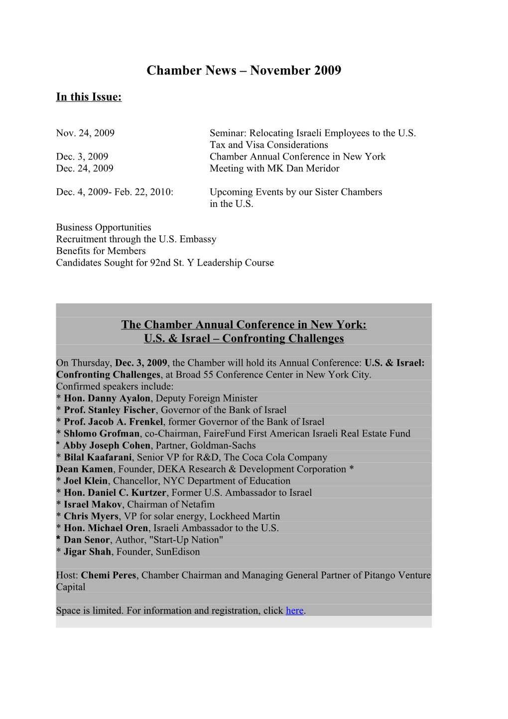 Nov. 24, 2009 Seminar: Relocating Israeli Employees to the U.S. Tax and Visa Considerations