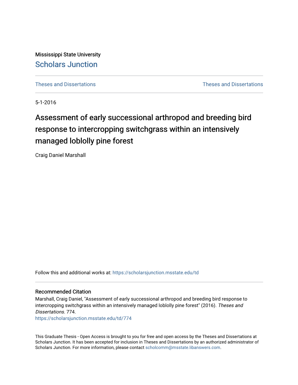 Assessment of Early Successional Arthropod and Breeding Bird Response to Intercropping Switchgrass Within an Intensively Managed Loblolly Pine Forest