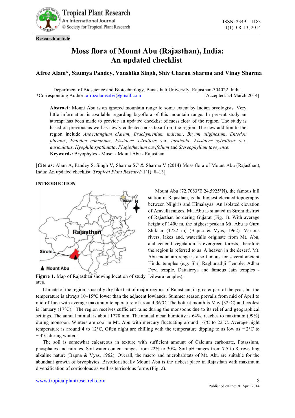 Moss Flora of Mount Abu (Rajasthan), India: an Updated Checklist Afroz Alam*, Saumya Pandey, Vanshika Singh, Shiv Charan Sharma and Vinay Sharma