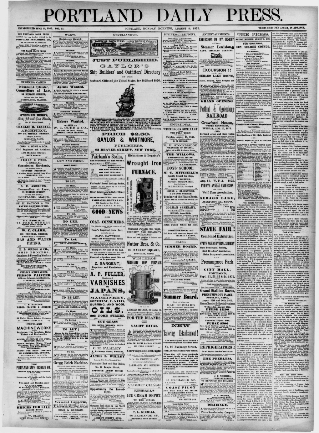 Portland Daily Press: August 9, 1875