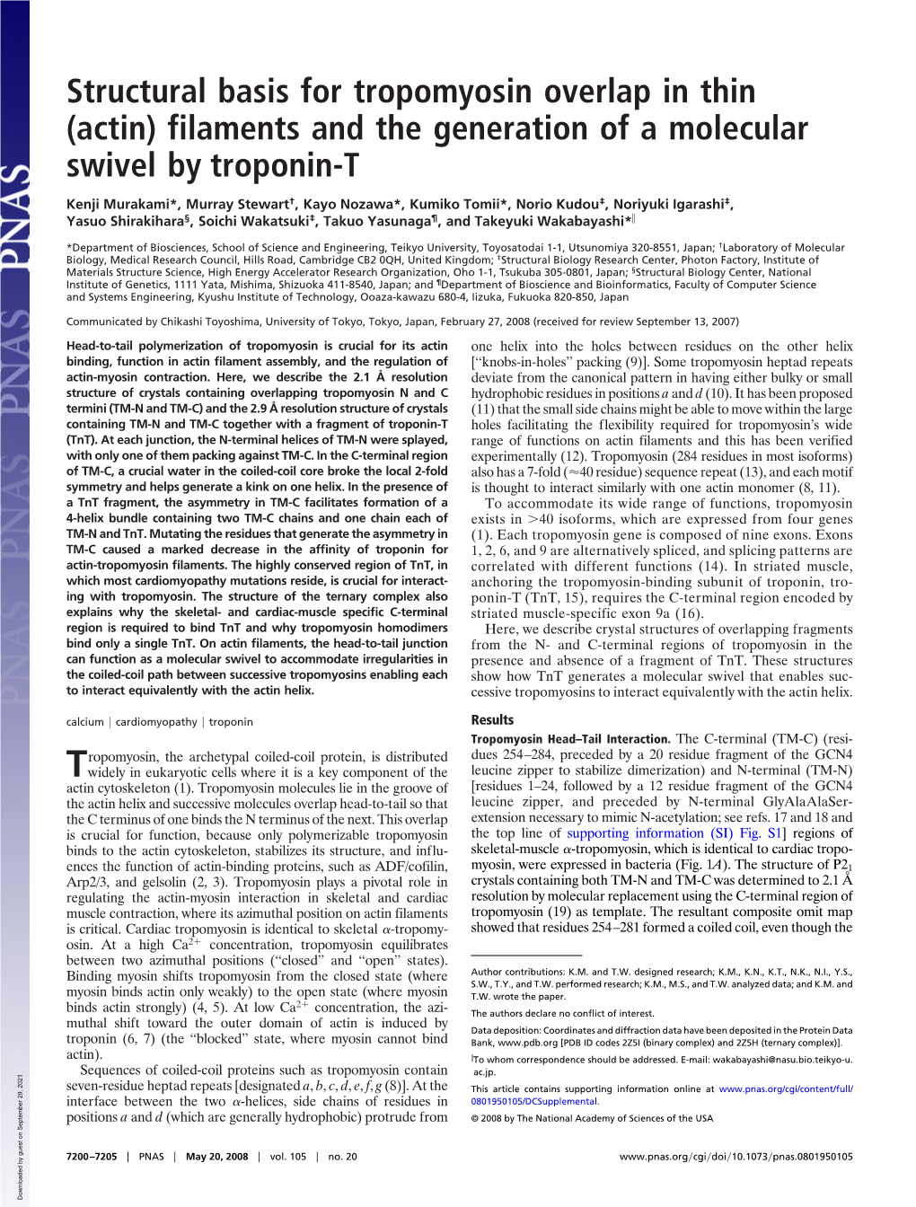 Structural Basis for Tropomyosin Overlap in Thin (Actin) Filaments and the Generation of a Molecular Swivel by Troponin-T