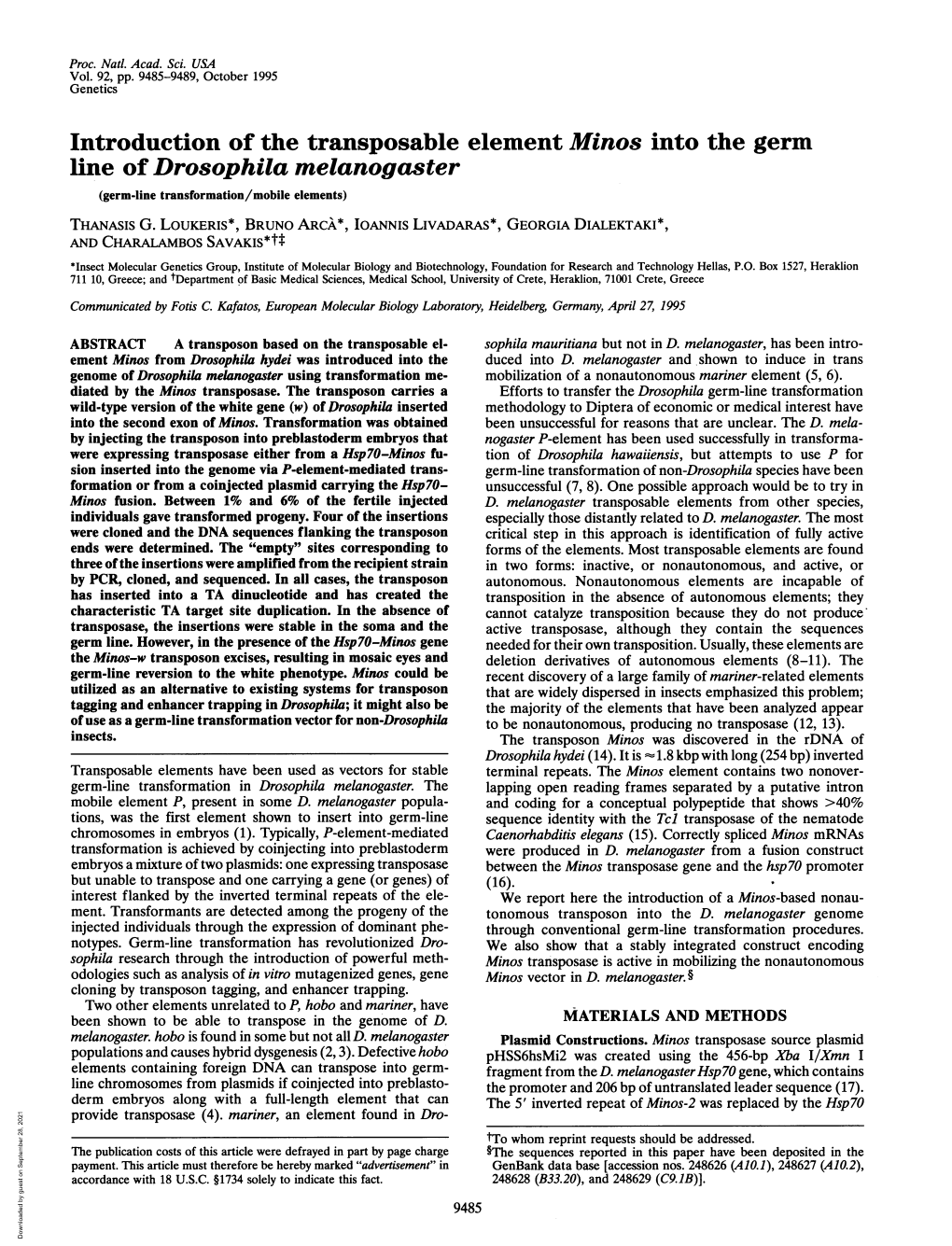 Line of Drosophila Melanogaster (Germ-Line Transformation/Mobile Elements) THANASIS G
