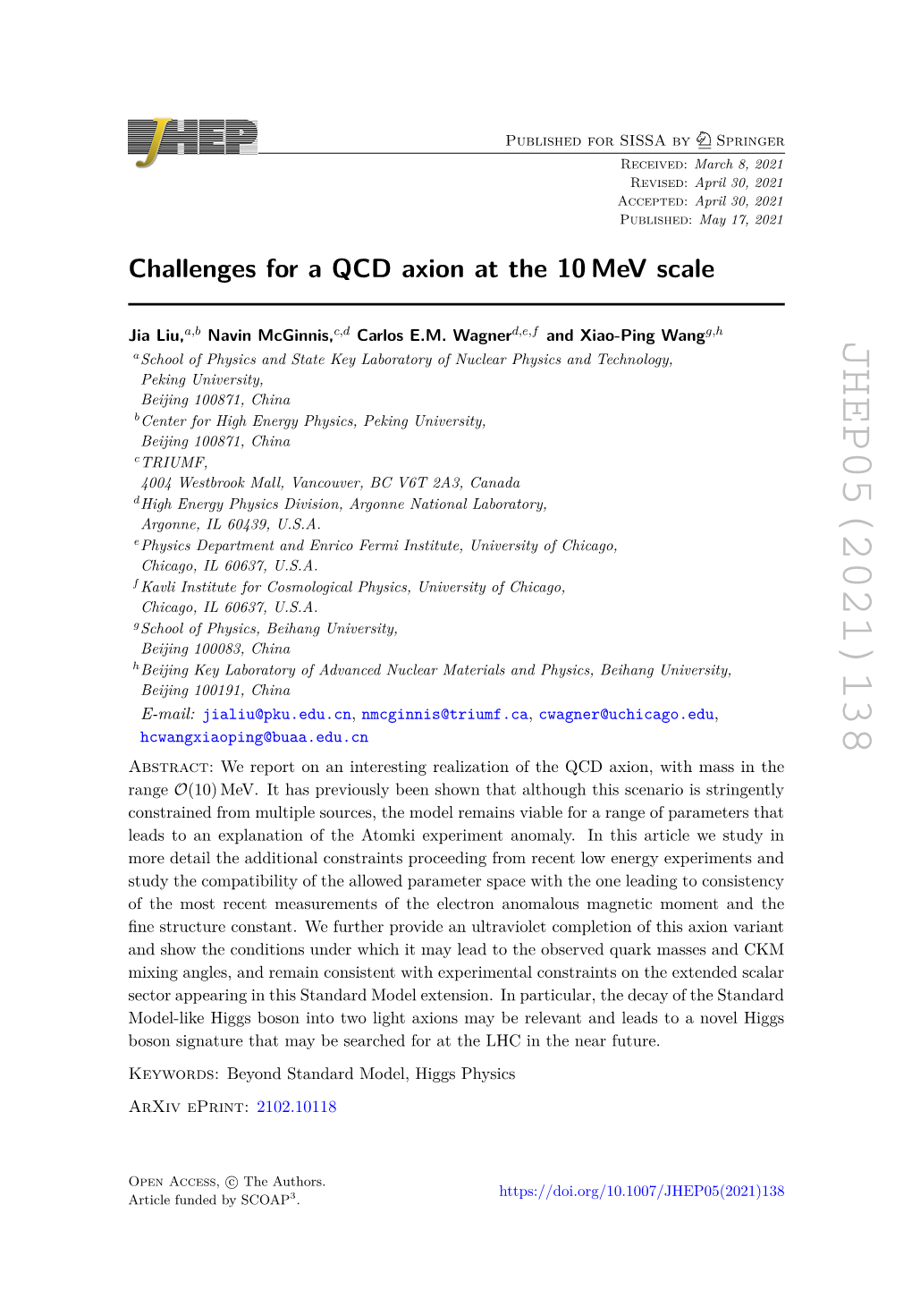 Challenges for a QCD Axion at the 10 Mev Scale JHEP05(2021)138 , 5 10 QCD Θ Comes ]