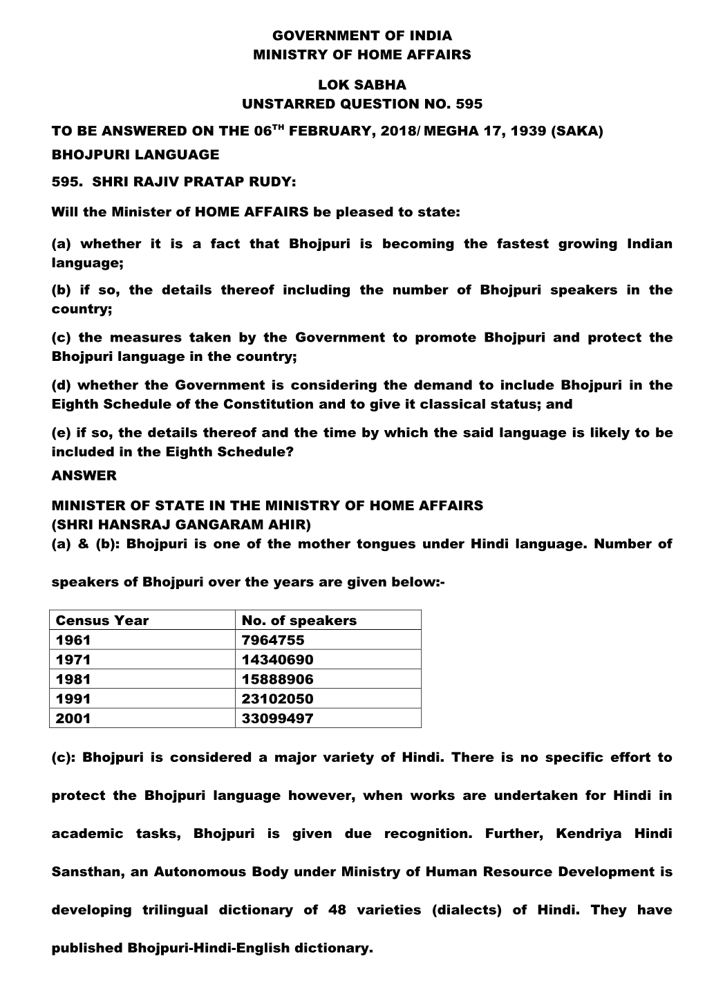 Government of India Ministry of Home Affairs Lok Sabha