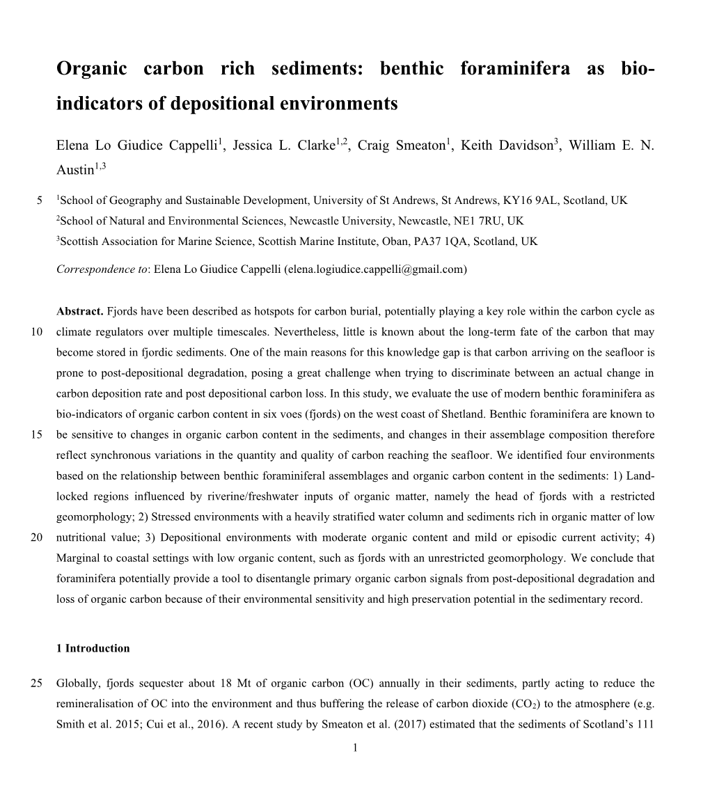 Organic Carbon Rich Sediments: Benthic Foraminifera As Bio- Indicators of Depositional Environments