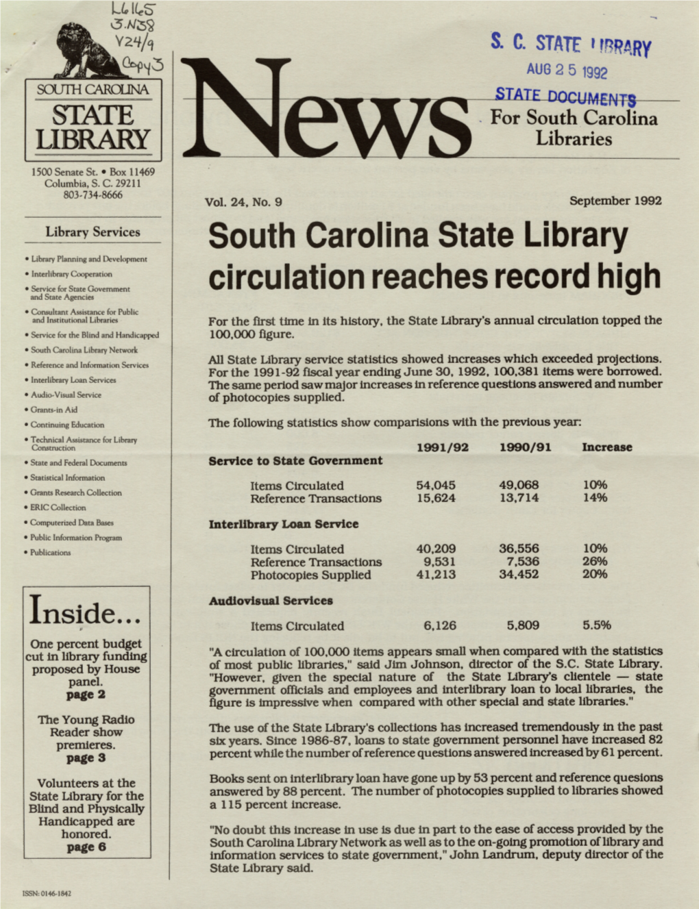 South Carolina State Library Circulation Reaches Record High