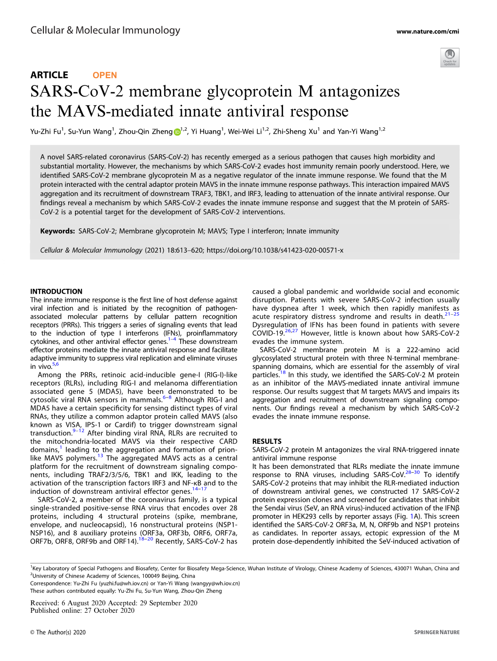 SARS-Cov-2 Membrane Glycoprotein M Antagonizes the MAVS-Mediated Innate Antiviral Response