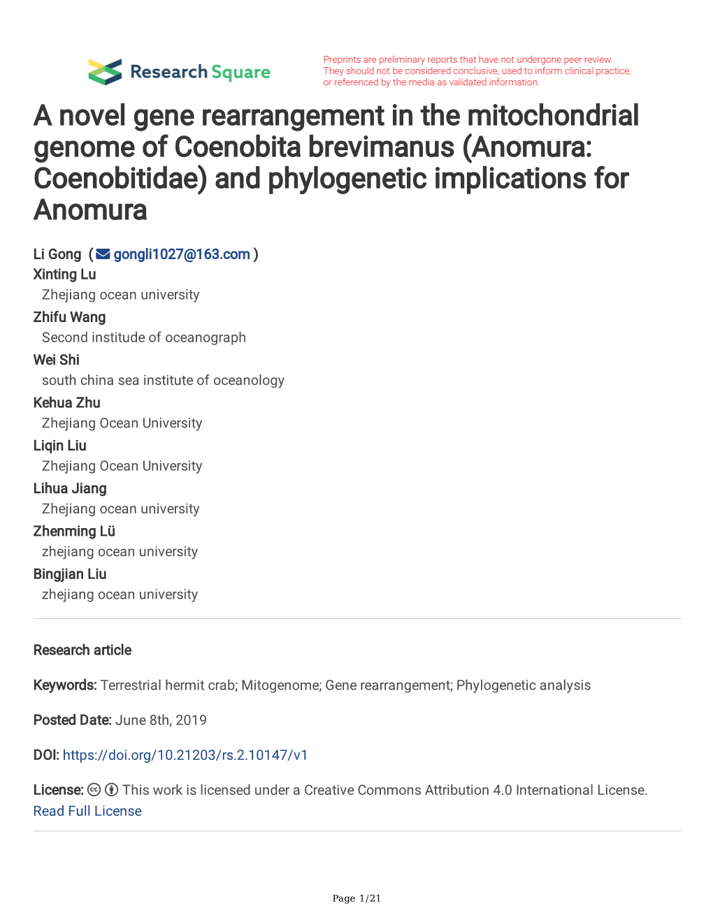 A Novel Gene Rearrangement in the Mitochondrial Genome of Coenobita Brevimanus (Anomura: Coenobitidae) and Phylogenetic Implications for Anomura