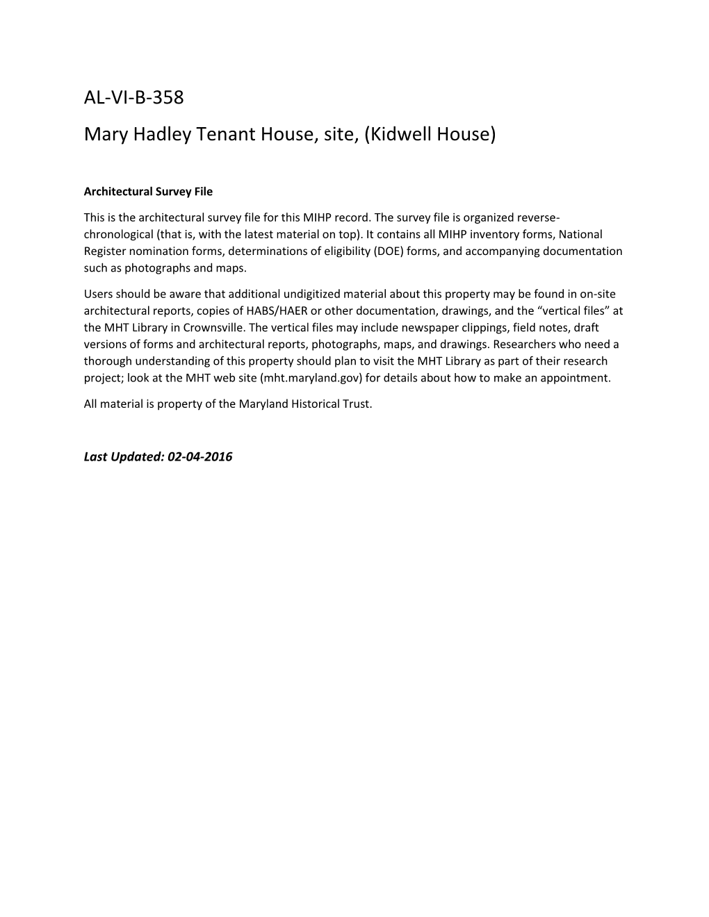 AL-VI-B-358 Mary Hadley Tenant House, Site, (Kidwell House)