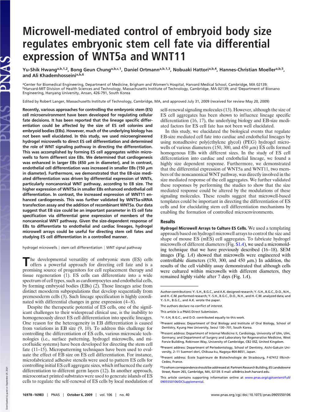 Microwell-Mediated Control of Embryoid Body Size Regulates Embryonic Stem Cell Fate Via Differential Expression of Wnt5a and WNT11