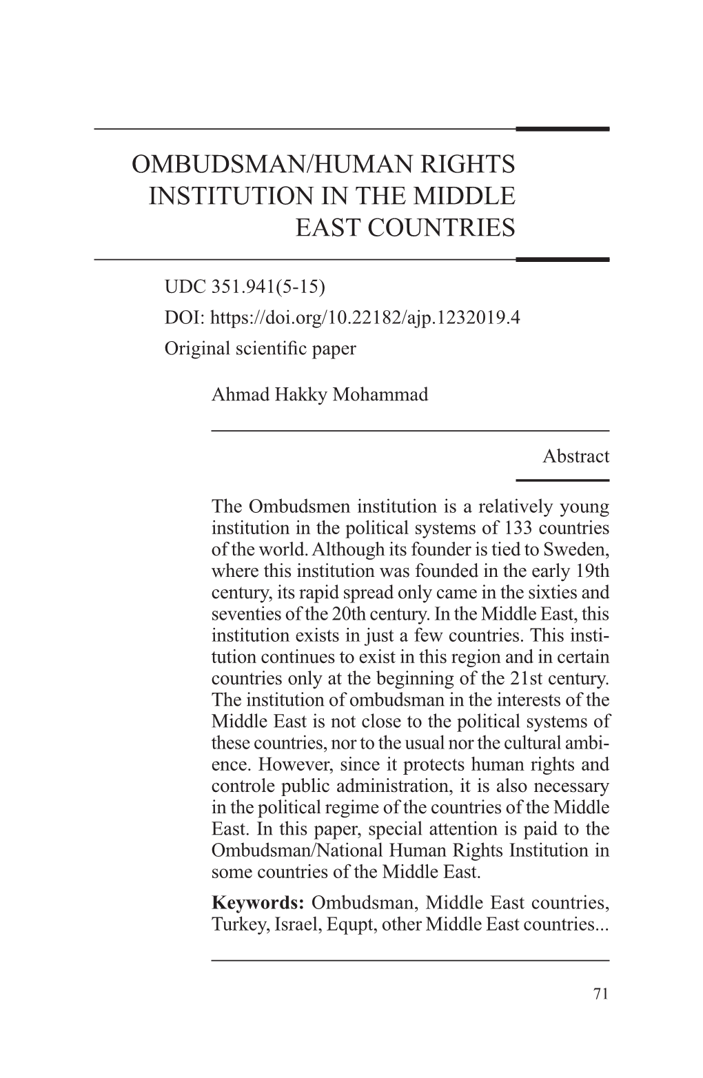 Ombudsman/Human Rights Institution in the Middle East Countries