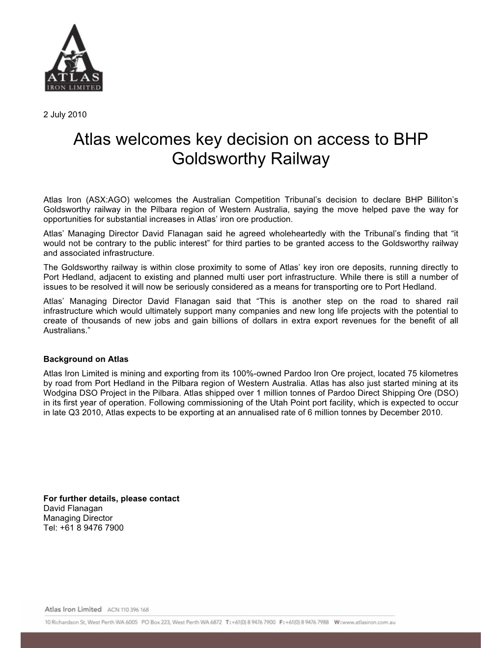 Atlas Welcomes Key Decision on Access to BHP Goldsworthy Railway